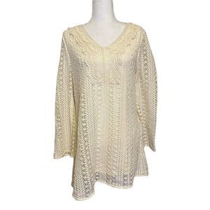 𝅺entro Dress Boho Cream Ivory Crotched Knit Beachy Long Sleeve Size M‎